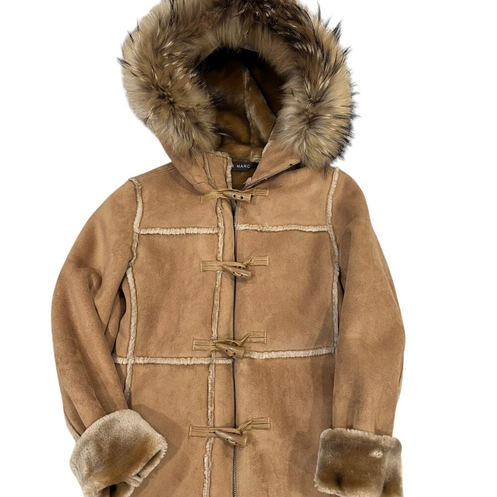 Andrew Marc Girls Medium Faux Fur Hooded Tan Toggle Coat